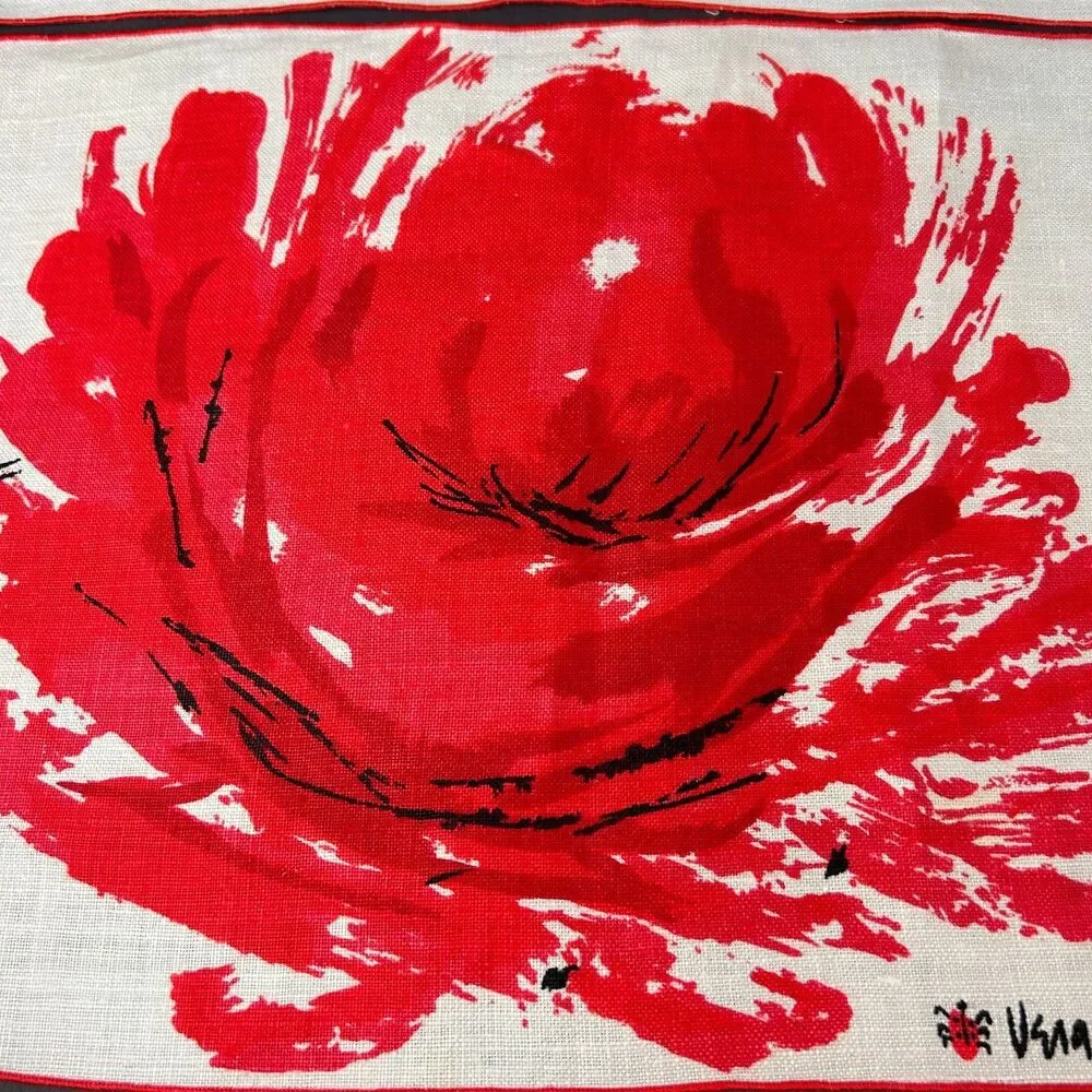 Vintage Vera Neumann Large Red Flower Linen Placemat Set of 4